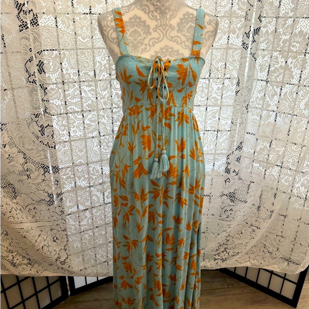 Vintage Forever 21 Spaghetti Strap Smocked Maxi Dress Light Blue Size Small GUC - Picture 7 of 9